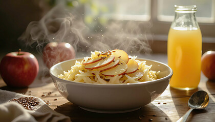 Warm dish with sliced apples and steaming cabbage on wooden table with juice and apples in sunlight Generative AI