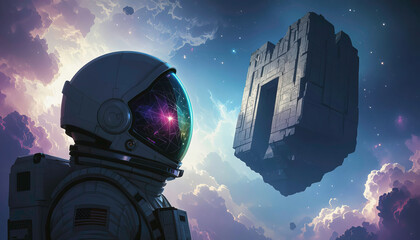Exploring a floating structure in space with an astronaut looking on at twilight Generative AI