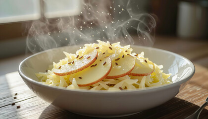 Hot dish with noodles, apples, and seeds placed on a wooden table in a bright kitchen Generative AI