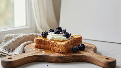 Slices of bread topped with whipped cream and blackberries on a wooden board near a window in a kitchen setting Generative AI
