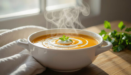 Warm bowl of soup with steam rising on wooden table by window in cozy kitchen during afternoon Generative AI
