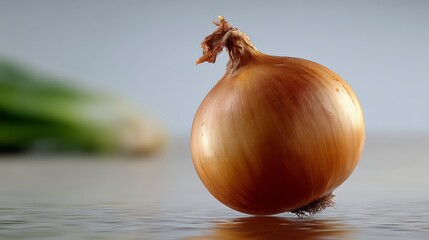 A large, round onion is sitting on a table. The onion is brown and has a stem on top. The image has a calm and peaceful mood, as the onion is not moving and is simply sitting on the table