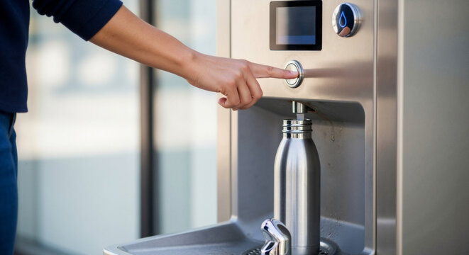 A person filling a reusable bottle at a modern water refill station. Close-up on a hand pressing the button of a public fountain. Sustainable lifestyle and hydration concept