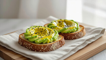 Slices of bread topped with avocado and black seeds placed on a wooden board in a bright kitchen setting Generative AI