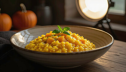 Delicious bowl of yellow risotto with pumpkin served on wooden table in cozy kitchen setting during evening Generative AI