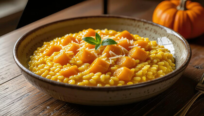 Warm dish of pasta with pumpkin served in a bowl on wooden table with small pumpkin decoration nearby Generative AI