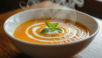 Warm bowl of soup with swirl of cream and mint leaves on wooden table in cozy setting during autumn afternoon Generative AI