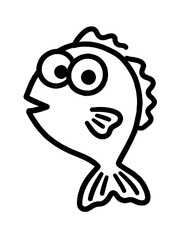 Obraz premium Cute cartoon fish doodle, simple black outline drawing with big eyes, vector icon for children's designs, coloring page element