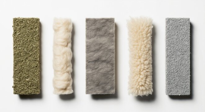 A collection of natural insulation samples in a minimalist flat lay. Sustainable and eco-friendly building materials with different textures like wool and recycled fiber for comparison