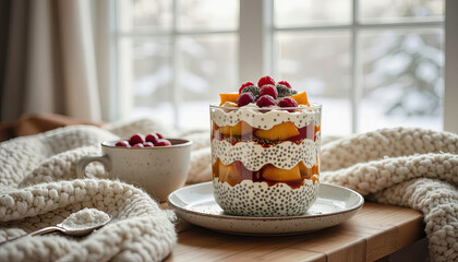Dessert in a glass with cream, fruits, and berries on a wooden table by the window with blankets Generative AI