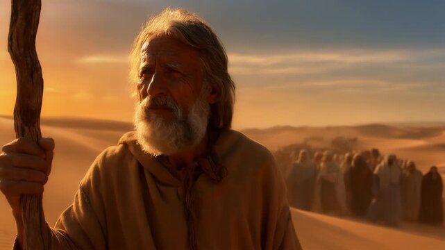 photorealistic close up  Biblical scene of Moses leading the Israelites through a vast desert, dramatic golden sunlight, ancient robes, dusty landscape, long caravan of people blurred, epic religious 