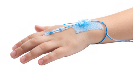 Close up of a child's hand with an iv catheter secured by yellow medical tape, highlighting pediatric healthcare and treatment against a transparent background