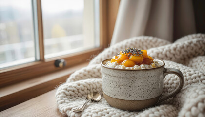 Cottage cheese bowl with mango and chia seeds on a wooden table near a window in the morning Generative AI