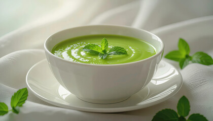Bright green mint soup served in a white bowl on a light fabric background with fresh mint leaves scattered around Generative AI