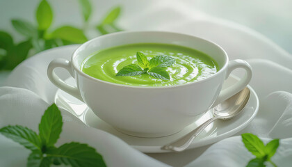 Fresh green soup served in white bowl with mint leaves on white cloth in natural light Generative AI