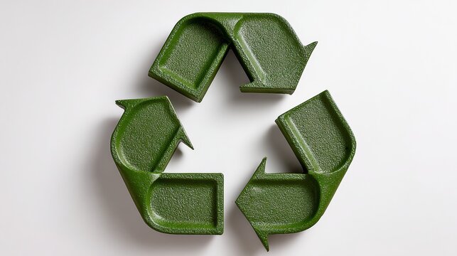 A green recycling symbol made of plastic. The symbol is a triangle with arrows pointing in different directions. The idea behind the symbol is to encourage people to recycle and reduce waste