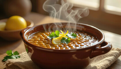 Delicious bowl of steaming lentil soup with herbs served on a wooden table Generative AI