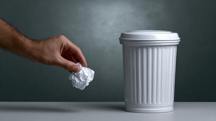 A person is holding a piece of paper and throwing it into a trash can. Concept of disposing of waste and the importance of recycling. Scene is somewhat serious