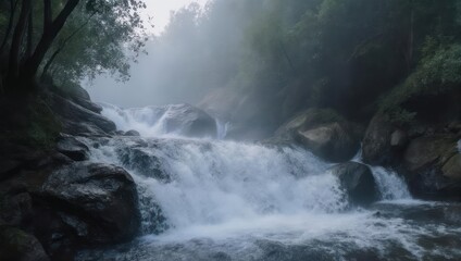Fototapeta premium Cascading waterfall flowing through rocky terrain with misty atmosphere.