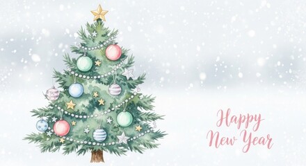 Obraz premium A watercolor Christmas tree with colorful ornaments and snowflakes on a snowy background.