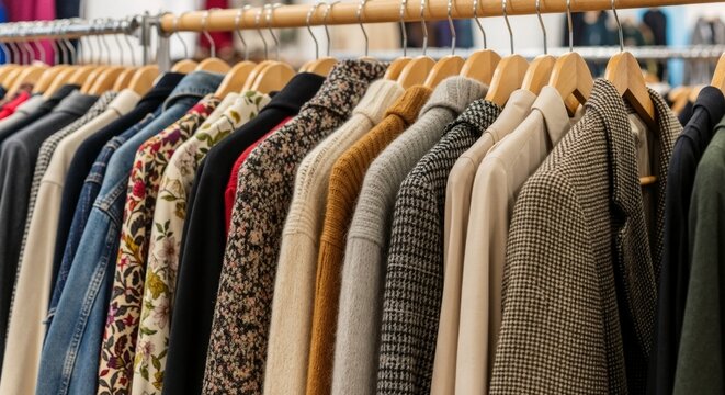 Stylish second-hand clothes on a rack in a thrift store. Sustainable fashion and slow fashion concept for conscious shopping