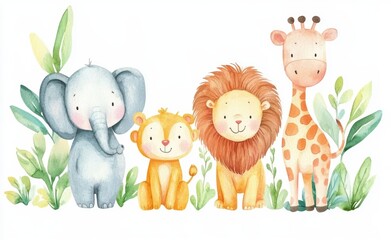 Fototapeta premium Cute Baby Animal Faces Watercolor Illustration Set