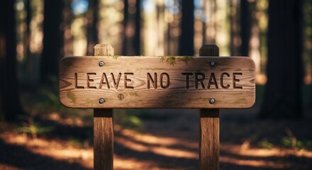Leave No Trace wooden sign in a sunlit forest. Environmental conservation and outdoor ethics principle for hiking and camping in nature