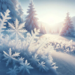 A winter scene with frozen snoflakes on the foreground and snowy forest with trees covered in snow on a sunny day