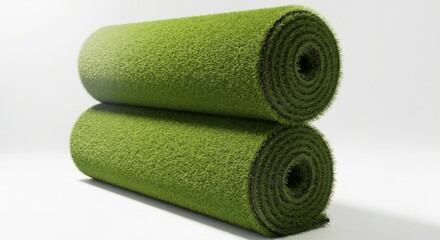 Two rolls of synthetic grass stacked and isolated on a white background. Artificial turf for landscaping and garden flooring