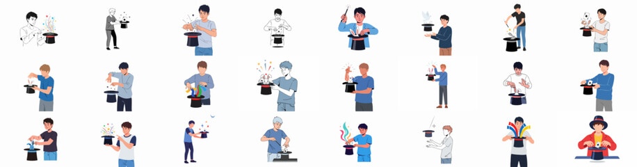 Collection of young male magicians performing various illusion tricks with top hats, rabbits, and playing cards in vector illustrations.
