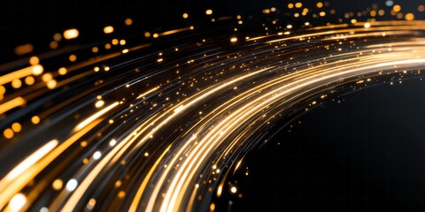 Brilliant golden light streams curve dynamically across a dark background representing speed and data flow.