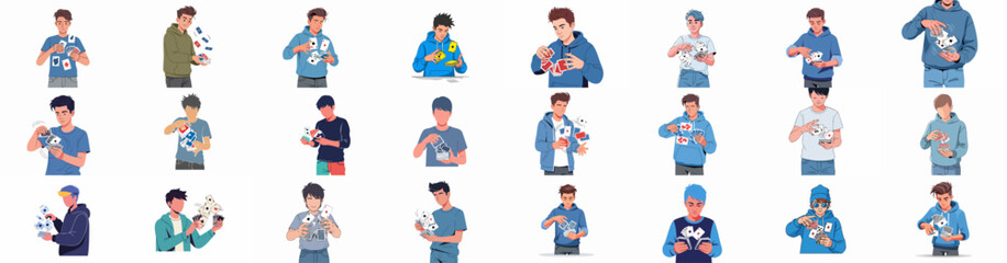 Vector illustration set of young men performing card tricks, shuffling, fanning, and engaging in cardistry and games with playing cards.