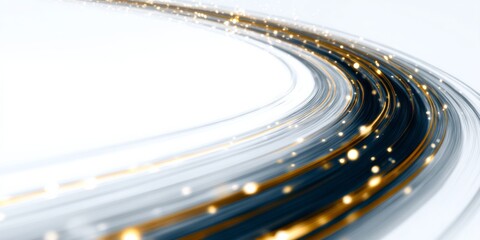 Curved bands of flowing light streak across a bright, minimalist background.