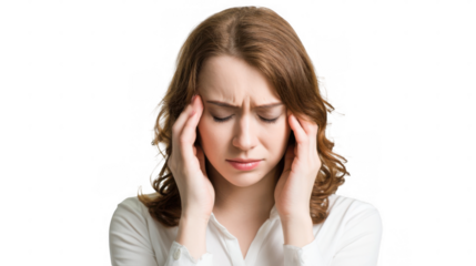 Young woman is having a bad headache, experiencing a migraine or stress, touching her temples with closed eyes, isolated on transparent background