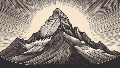 intricate vintage style woodcut engraving of a rugged mountain summit illustrated in retro hand drawn etching style