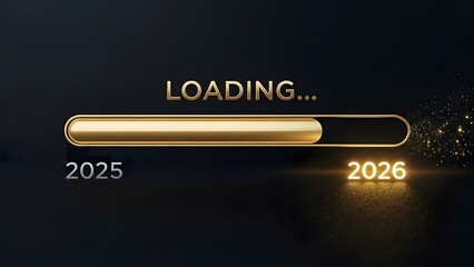 A sleek golden loading bar transitioning from 2025 to 2026 with sparkling effects