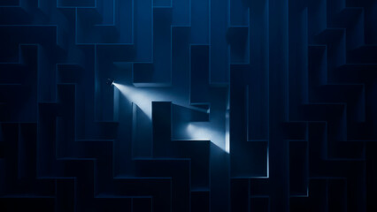 Person exploring dark labyrinth navigating mystery with flashlight beam