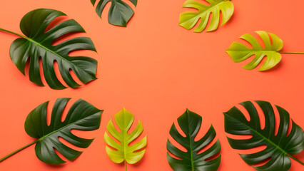 Monstera tropical leaves framing orange background flat lay