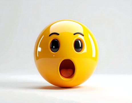 A vibrant 3D-rendered yellow emoji with a liquid-shine reflective coating, wide eyes, and an open mouth, vividly conveying a sense of profound shock or astonishment