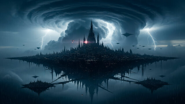 Future city enduring a dark storm with lightning
