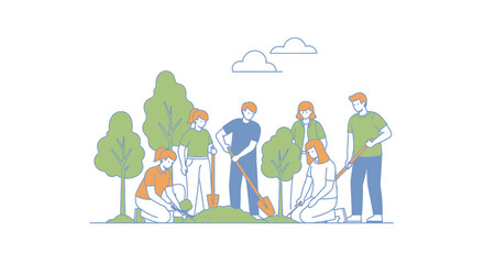 Fototapeta premium Group of Individuals Engaged in Gardening and Planting Activities Surrounded by Trees