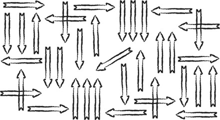 A chaotic arrangement of black arrows on a white background