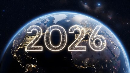 Futuristic glowing numbers 2026 hover above a detailed view of planet earth from space at night