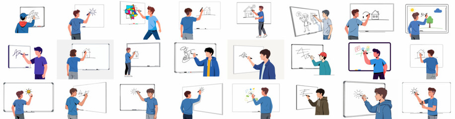 Vector illustration collection of young people drawing, writing, and presenting ideas on whiteboards for education and creativity.