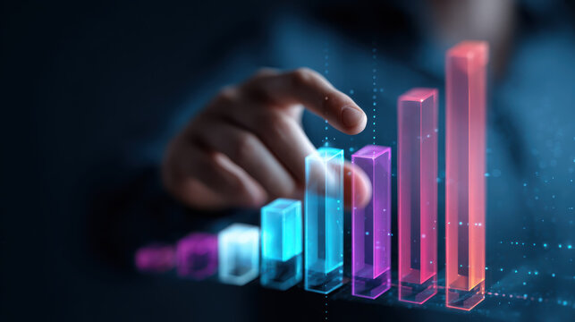 Data analytics business growth hand chart bar digital futuristic colorful business bar chart data analytics concept with hand touching glowing - Powered by Adobe