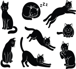 A collection of playful black cat silhouettes depicted in various dynamic and relaxed poses including sleeping and stretching © RASID