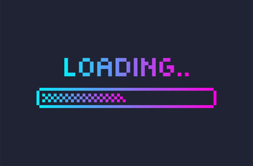 Colorful pixel retro style loading bar screen on dark background, vector illustration