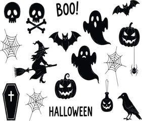 Obraz premium A spooky collection of halloween elements including skulls ghosts bats a witch and pumpkins for festive celebrations