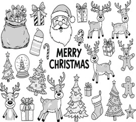 Fototapeta premium A charming black and white illustration showcases a festive collection of christmas elements including santa gifts reindeer and decorations