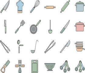 a collection of colorful pixelated kitchen utensils and cookware displayed in a minimalist flat design style